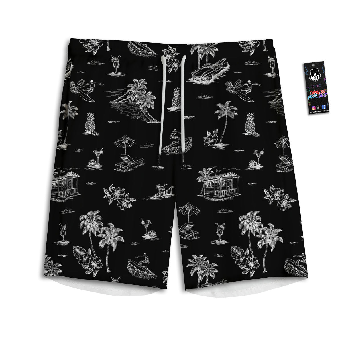 Surfing Black White Print Pattern Men's Athletic Shorts