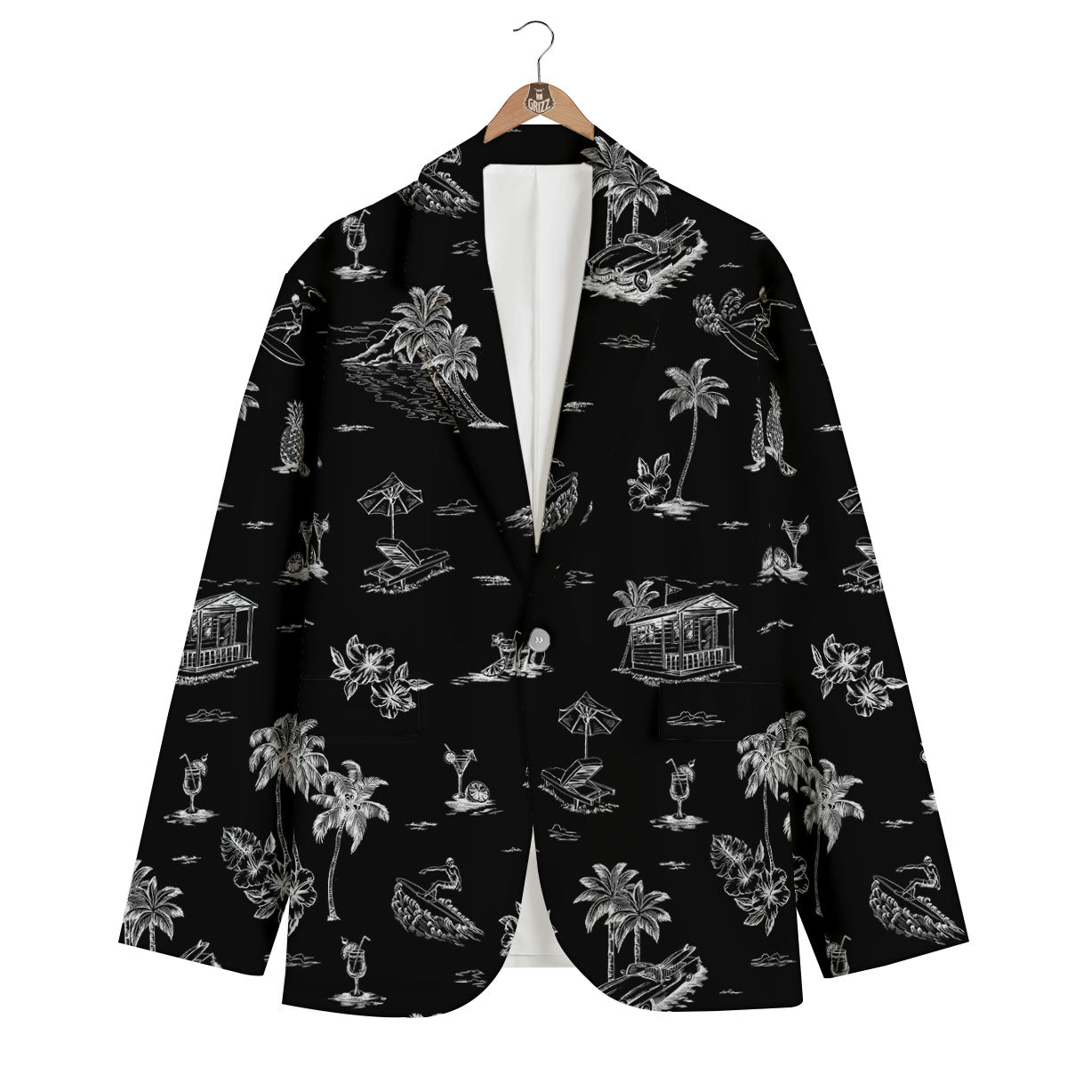 Surfing Black White Print Pattern Men's Blazer-grizzshop