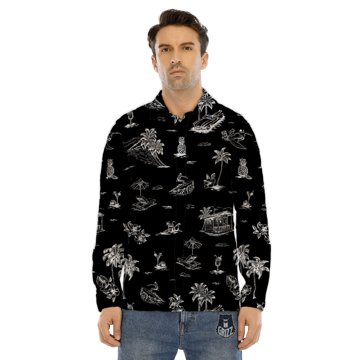 Surfing Black White Print Pattern Men's Dress Shirts-grizzshop