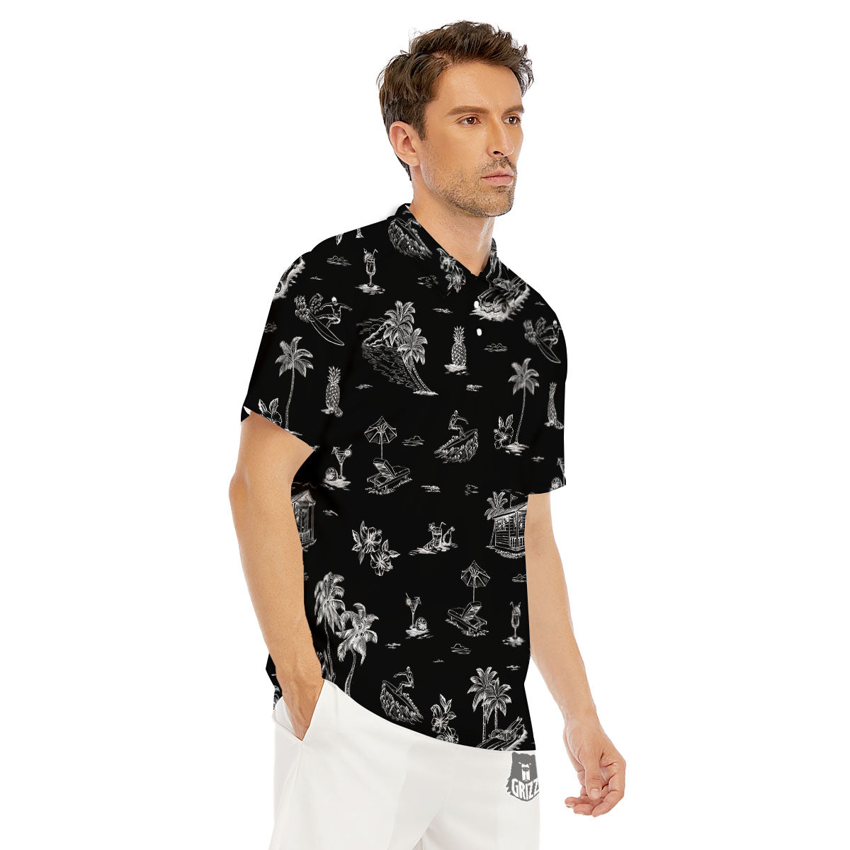 Surfing Black White Print Pattern Men's Golf Shirts-grizzshop