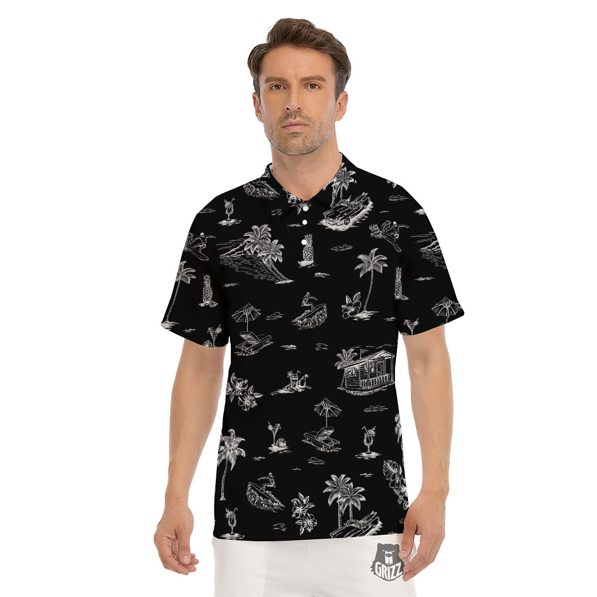 Surfing Black White Print Pattern Men's Golf Shirts-grizzshop