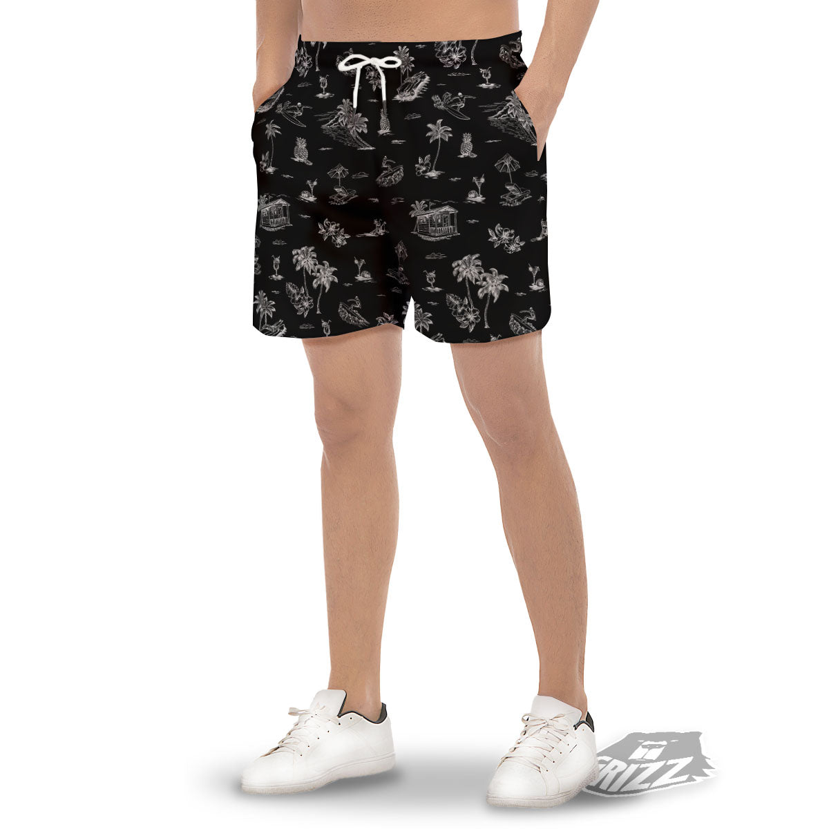 Surfing Black White Print Pattern Men's Gym Shorts-grizzshop