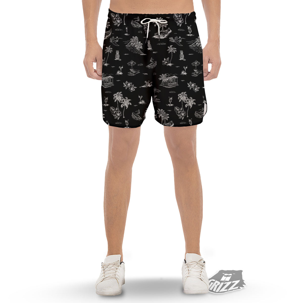 Surfing Black White Print Pattern Men's Gym Shorts-grizzshop