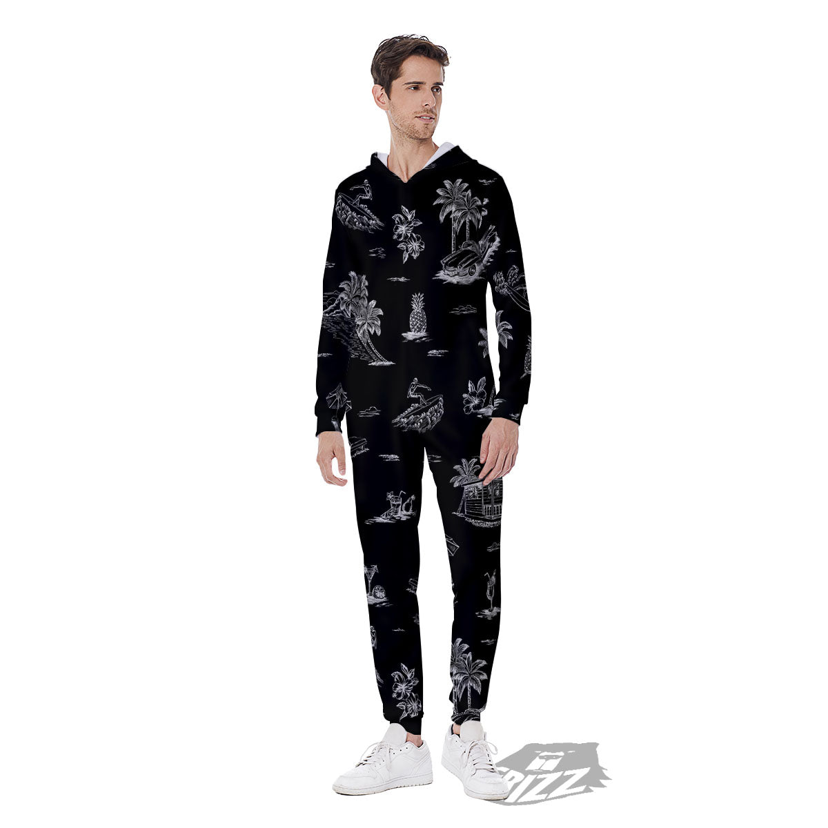Surfing Black White Print Pattern Men's Jumpsuit-grizzshop