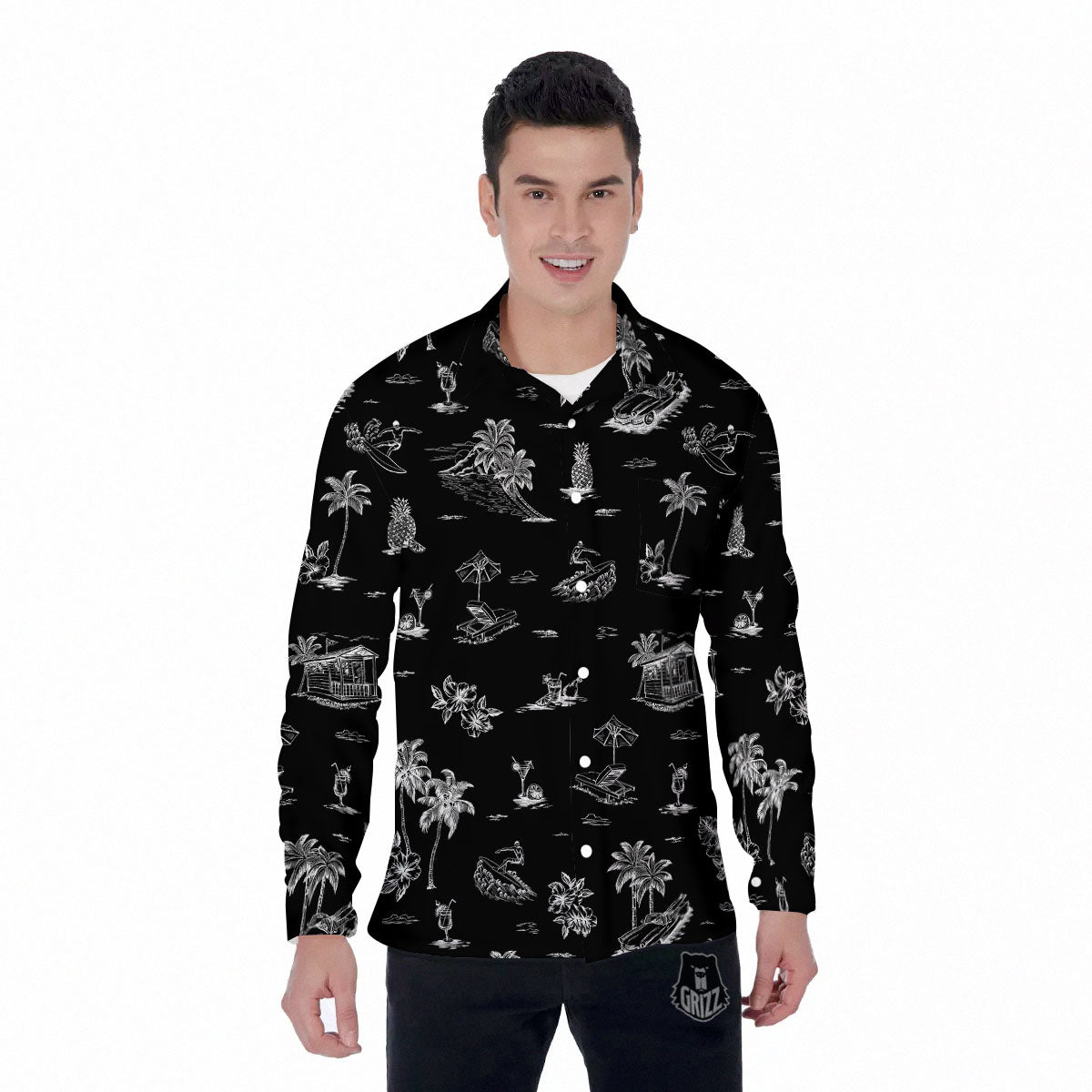 Surfing Black White Print Pattern Men's Long Sleeve Shirts-grizzshop