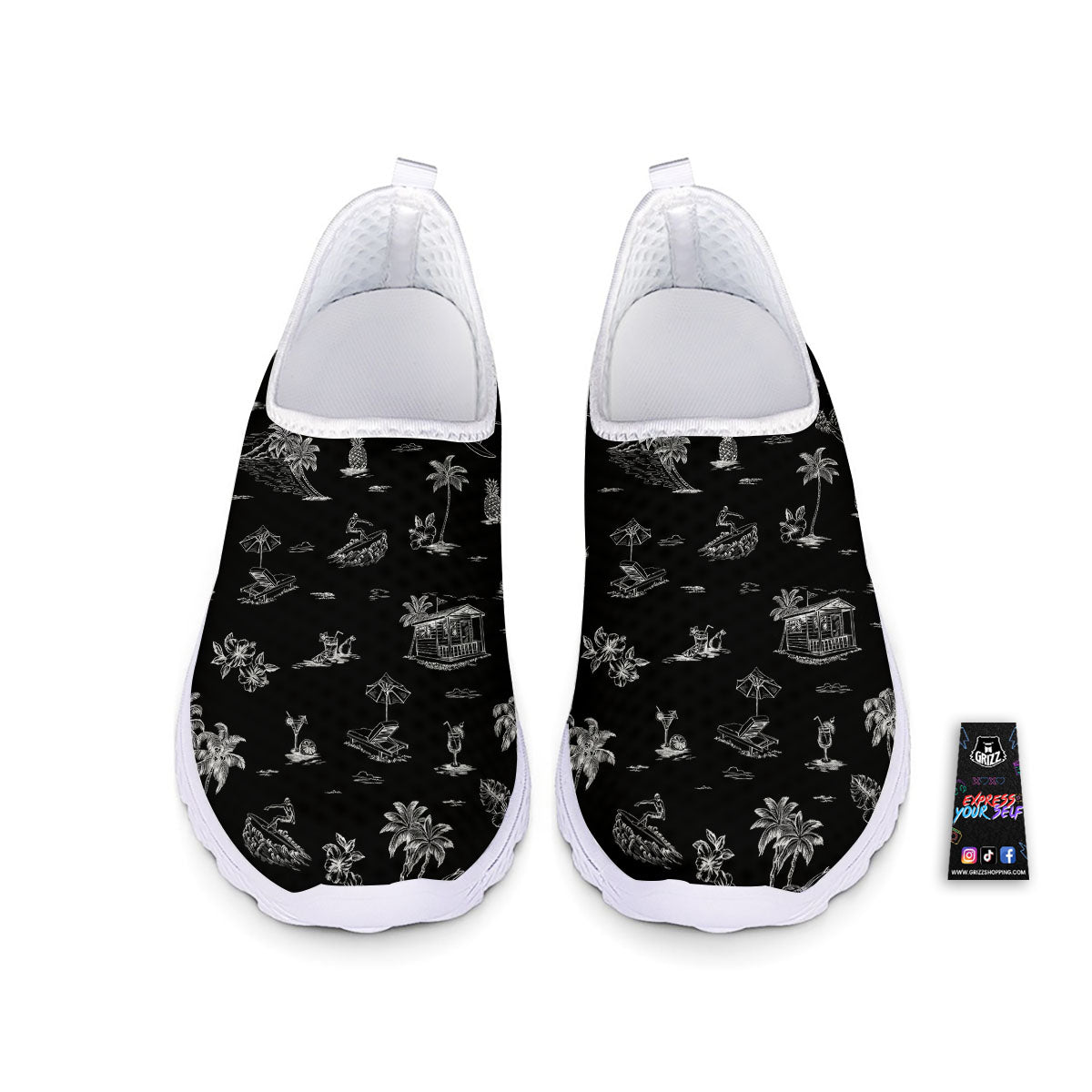 Surfing Black White Print Pattern Nurse Shoes-grizzshop