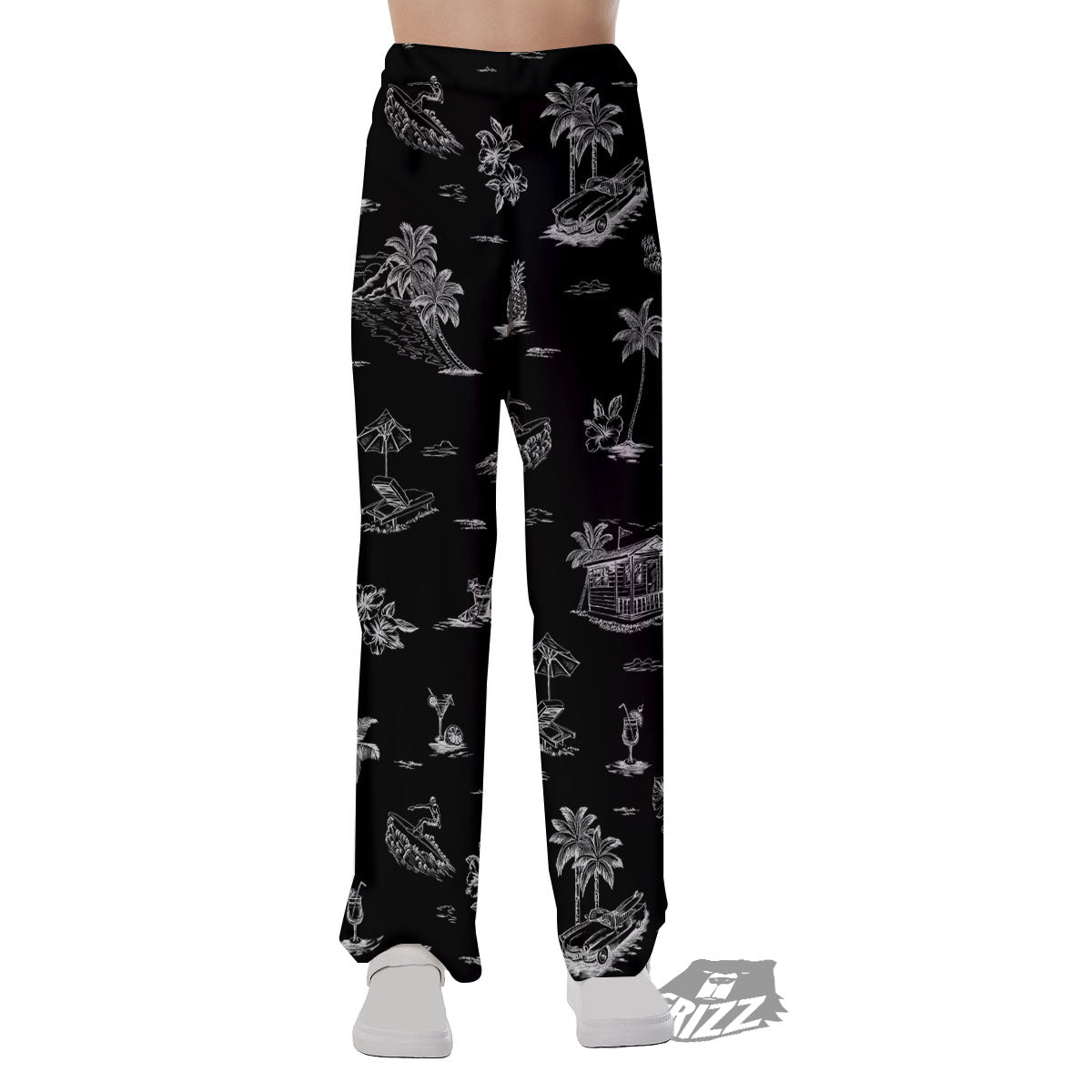 Surfing Black White Print Pattern Pajama Pants-grizzshop