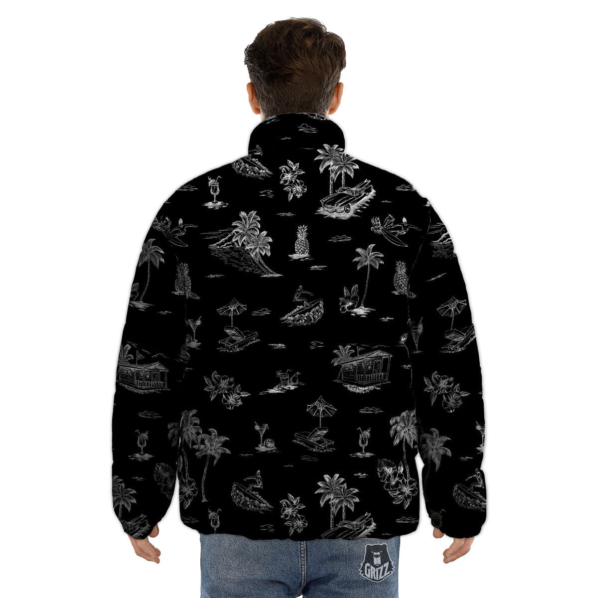 Surfing Black White Print Pattern Puffer Jacket-grizzshop