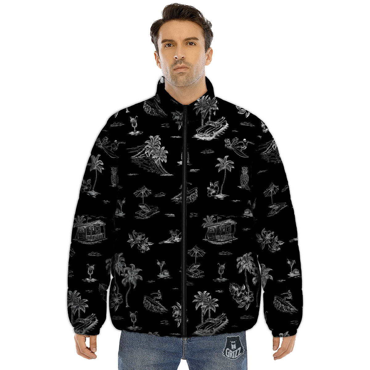 Surfing Black White Print Pattern Puffer Jacket-grizzshop