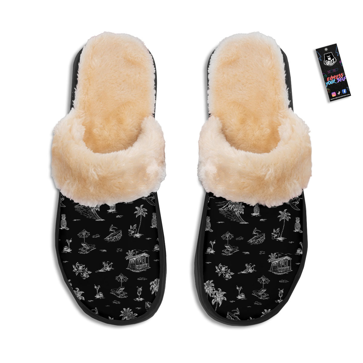 Surfing Black White Print Pattern Slippers-grizzshop