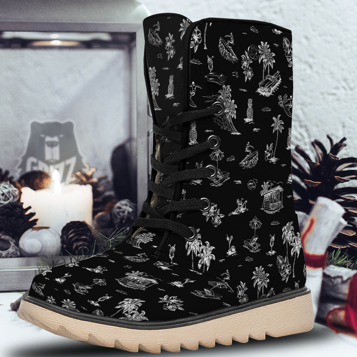 Surfing Black White Print Pattern Snow Boots-grizzshop