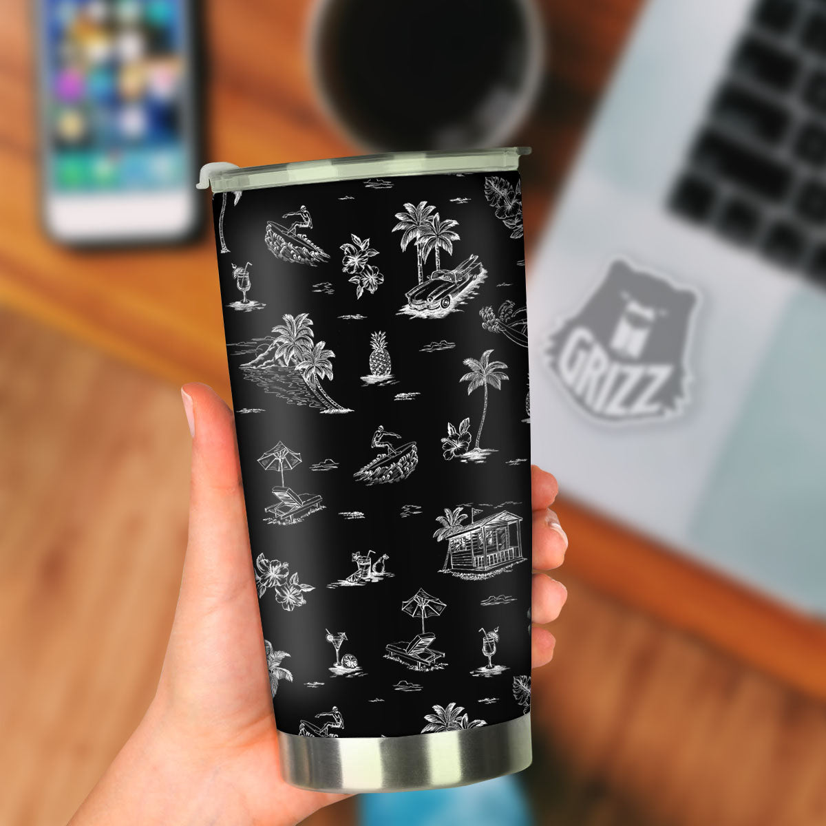 Surfing Black White Print Pattern Tumbler-grizzshop