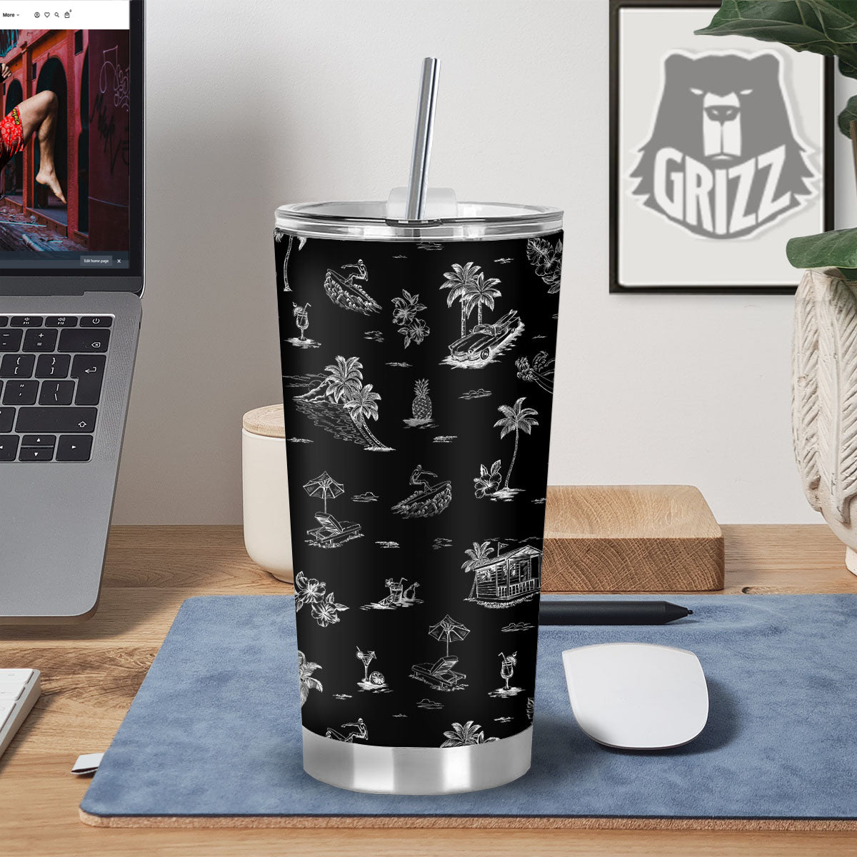 Surfing Black White Print Pattern Tumbler-grizzshop