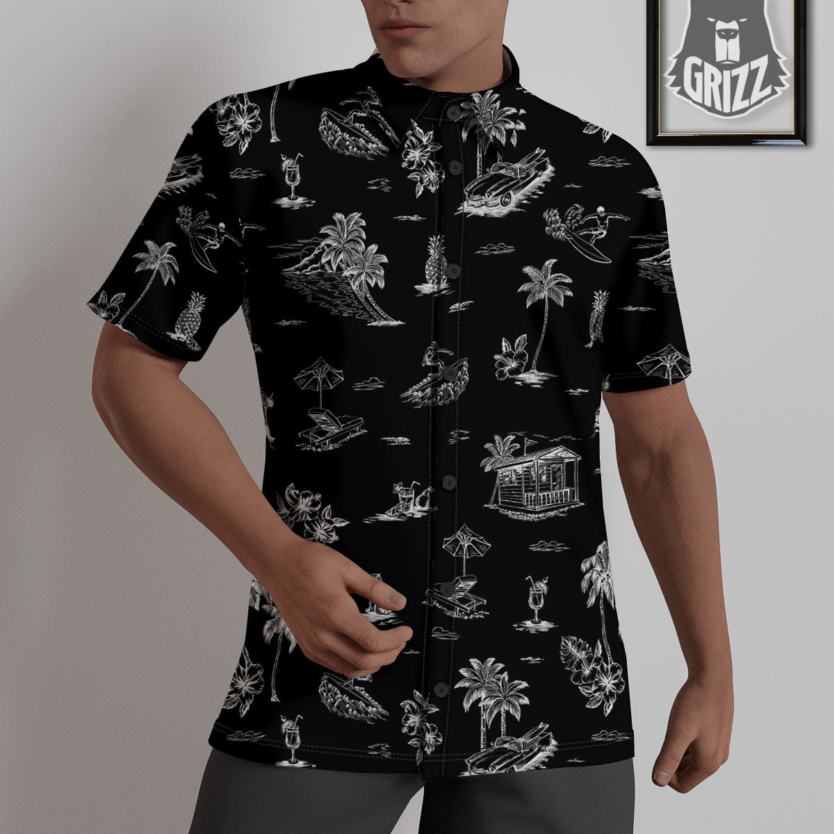 Surfing Black White Print Pattern Untucked Shirts-grizzshop
