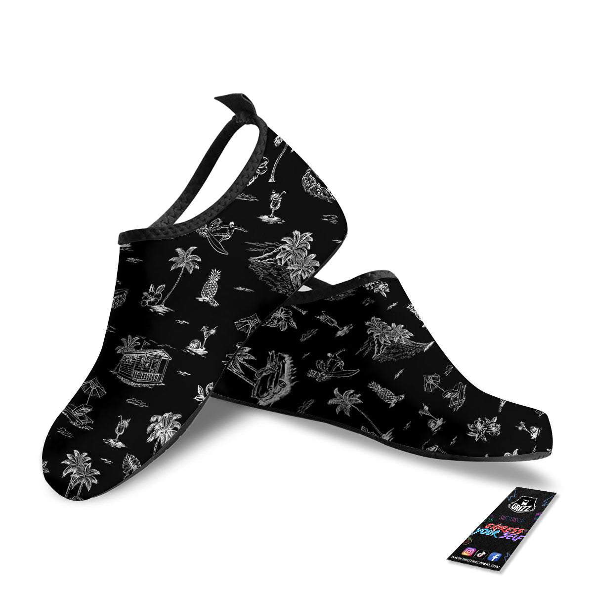 Surfing Black White Print Pattern Water Shoes-grizzshop