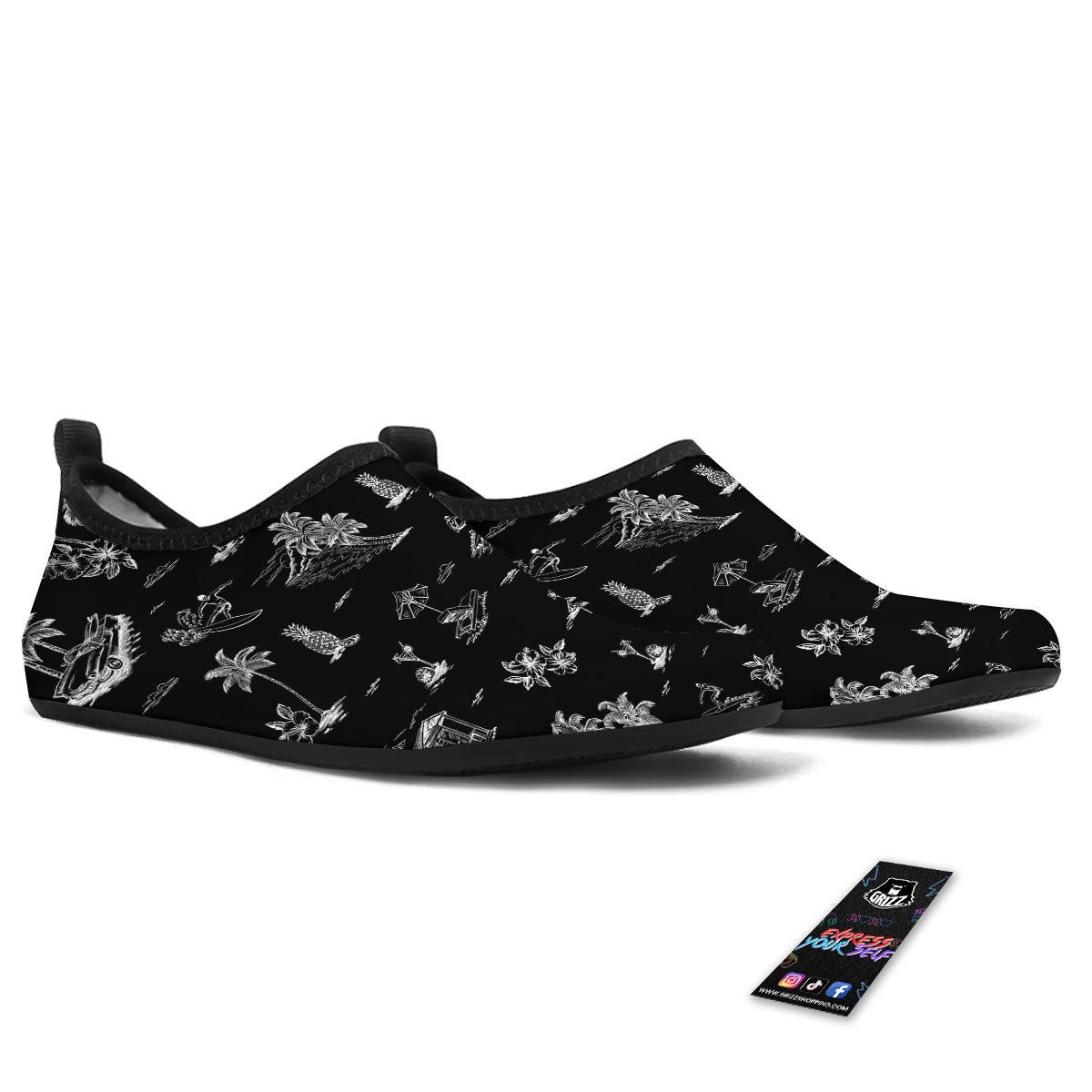Surfing Black White Print Pattern Water Shoes-grizzshop