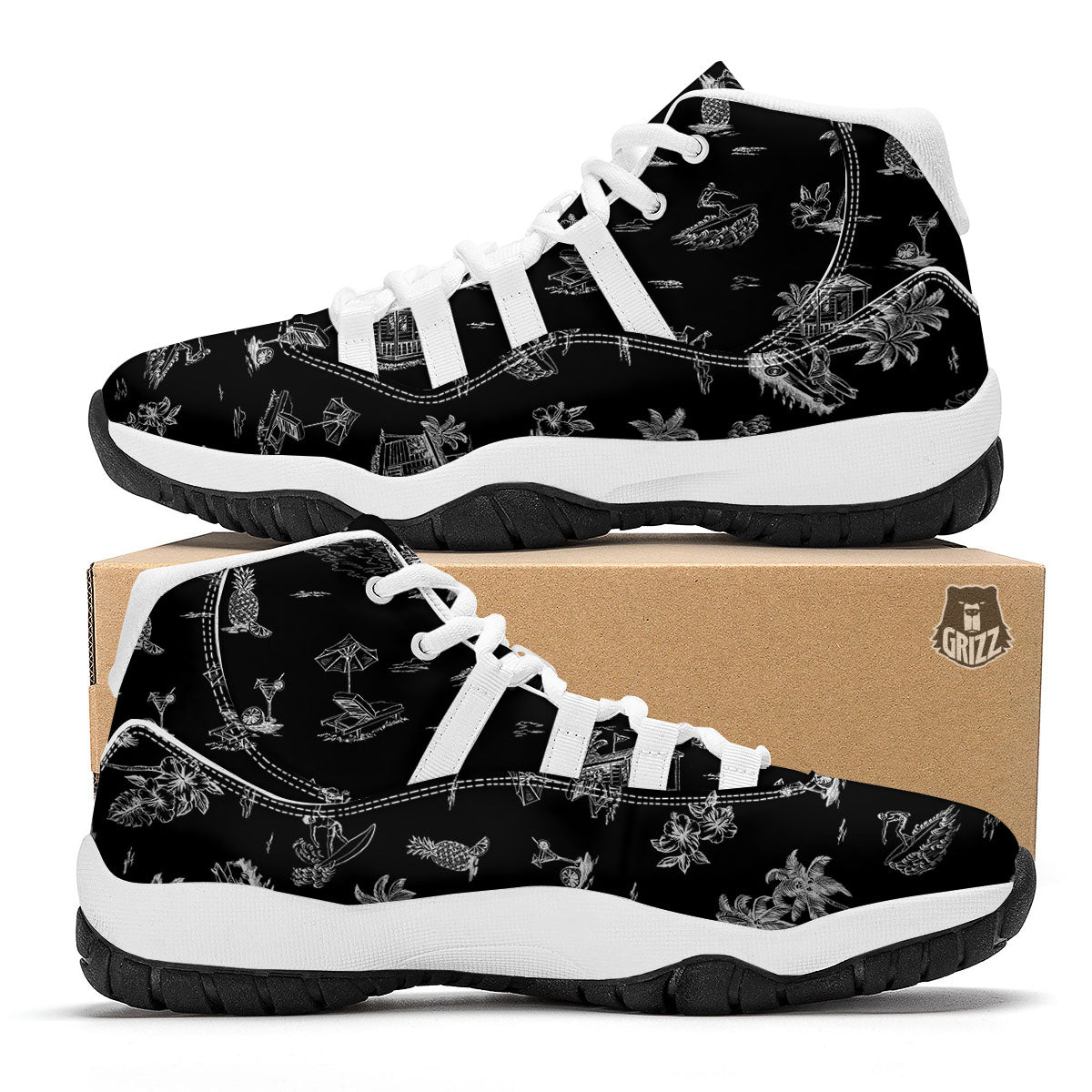 Surfing Black White Print Pattern White Bball Shoes-grizzshop