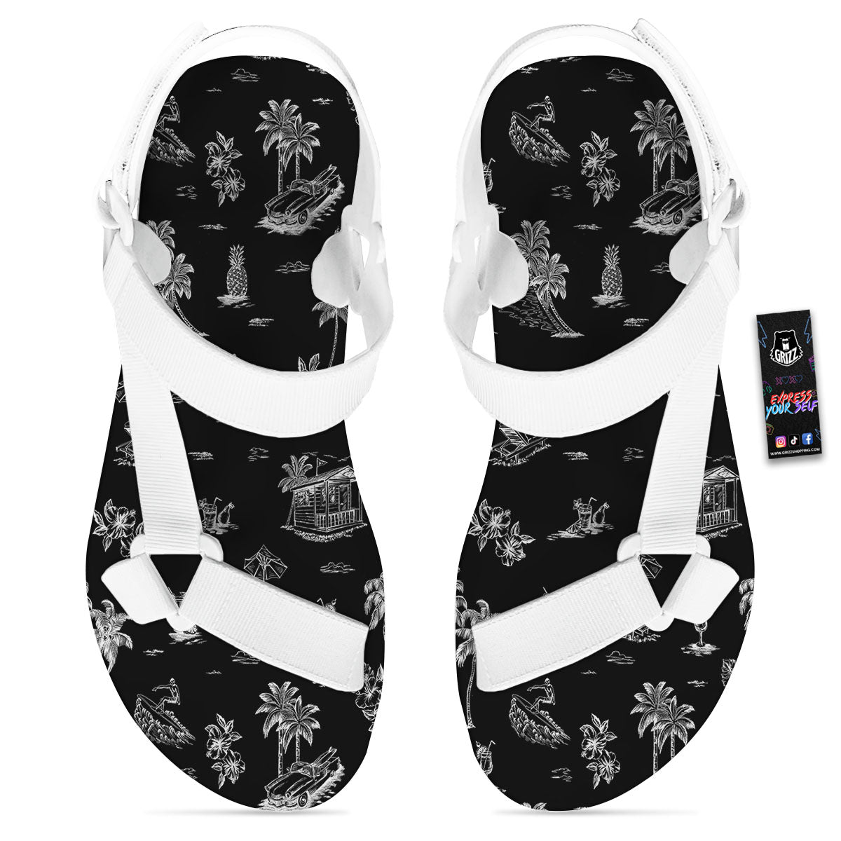 Surfing Black White Print Pattern White Open Toe Sandals-grizzshop