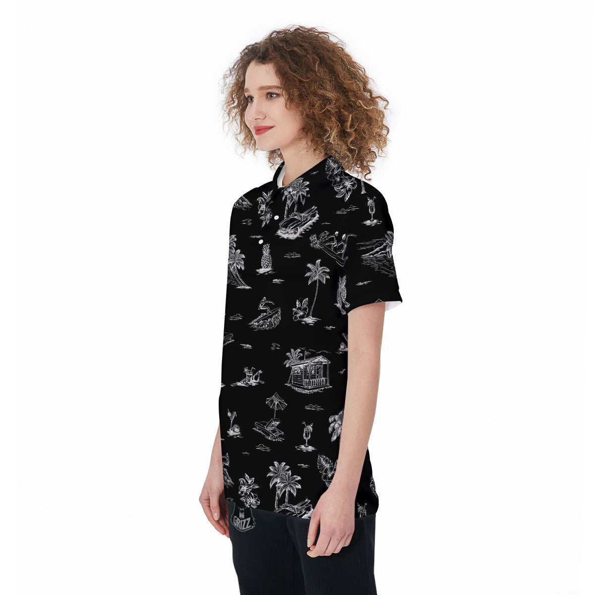 Surfing Black White Print Pattern Women's Golf Shirts-grizzshop
