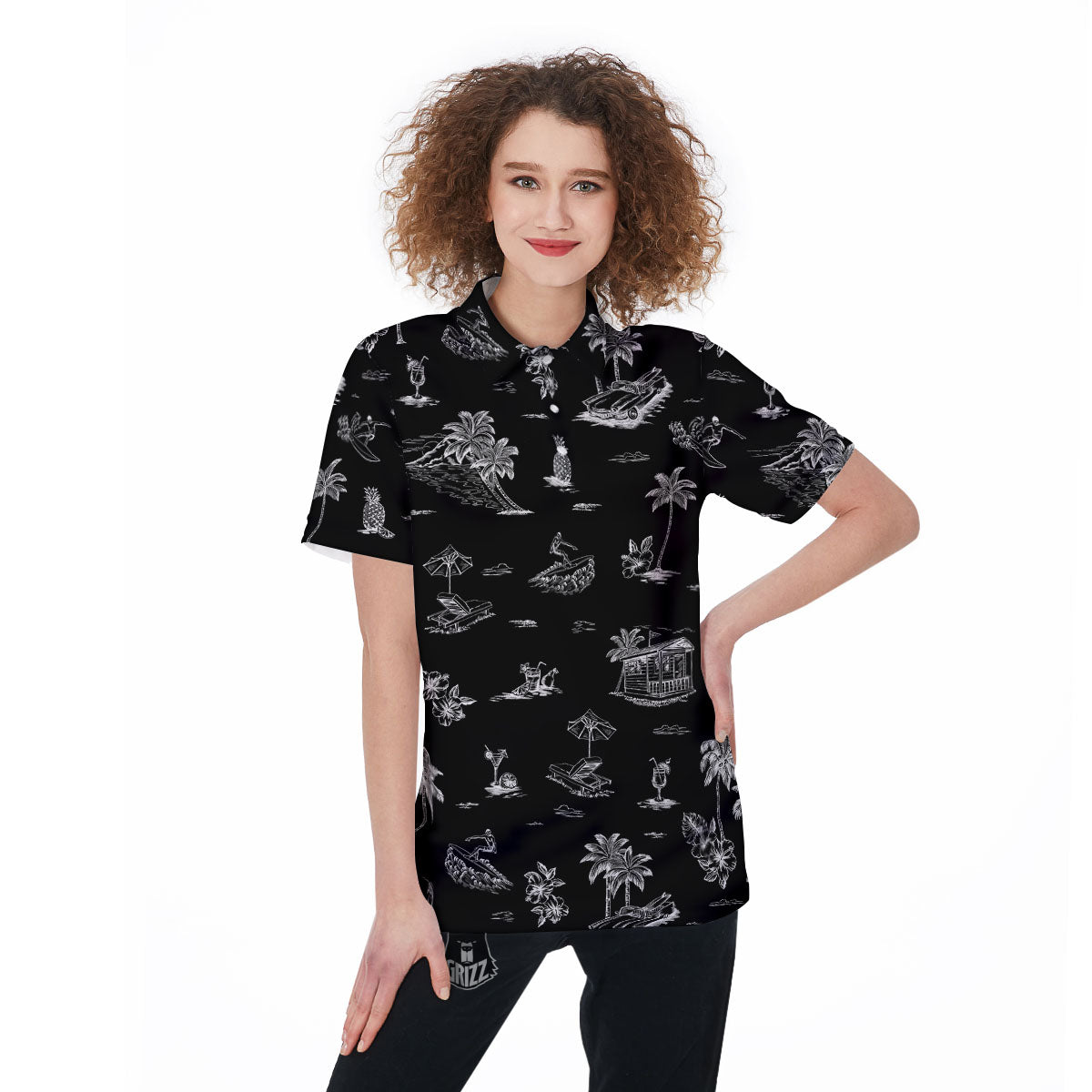 Surfing Black White Print Pattern Women's Golf Shirts-grizzshop