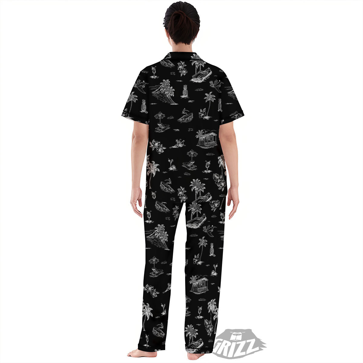 Surfing Black White Print Pattern Women's Pajamas Set-grizzshop