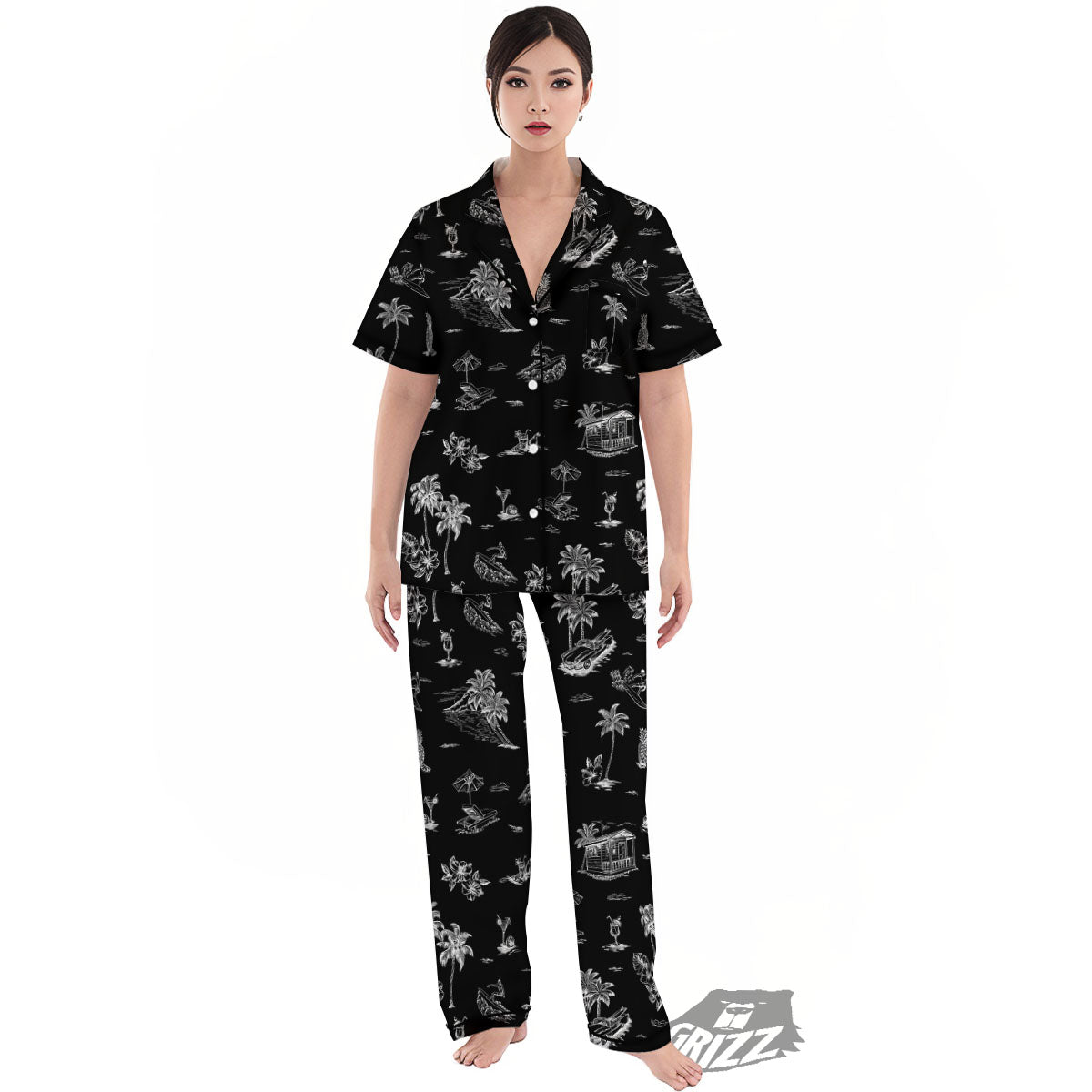 Surfing Black White Print Pattern Women's Pajamas Set-grizzshop