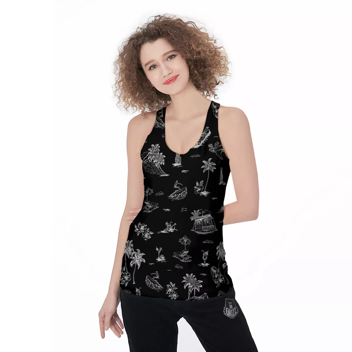 Surfing Black White Print Pattern Women's Racerback Tank Top-grizzshop