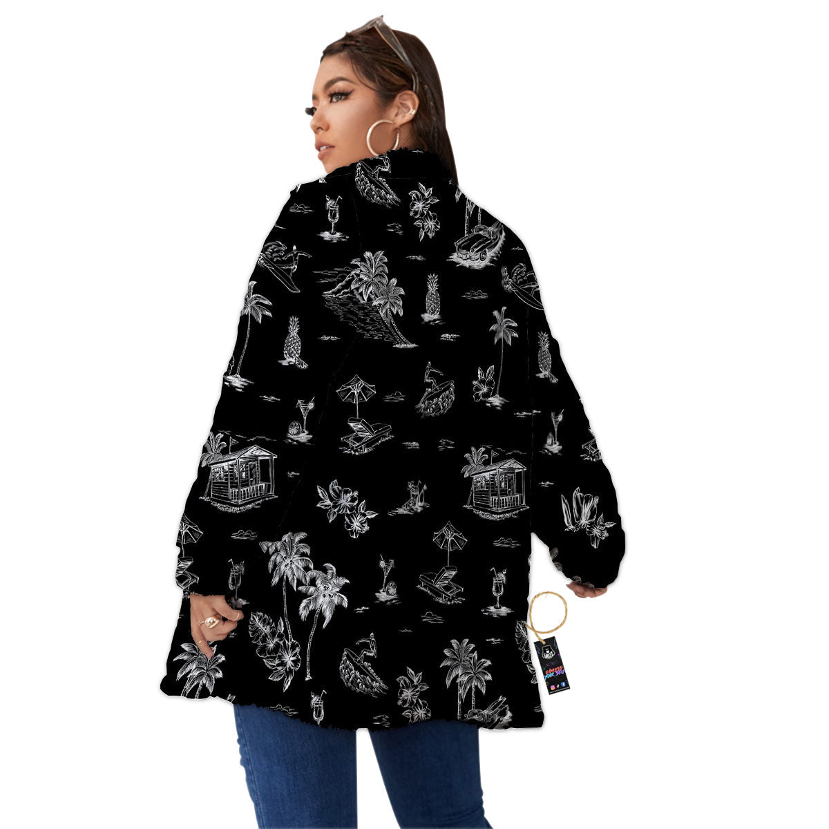 Surfing Black White Print Pattern Women's Sherpa Jacket-grizzshop