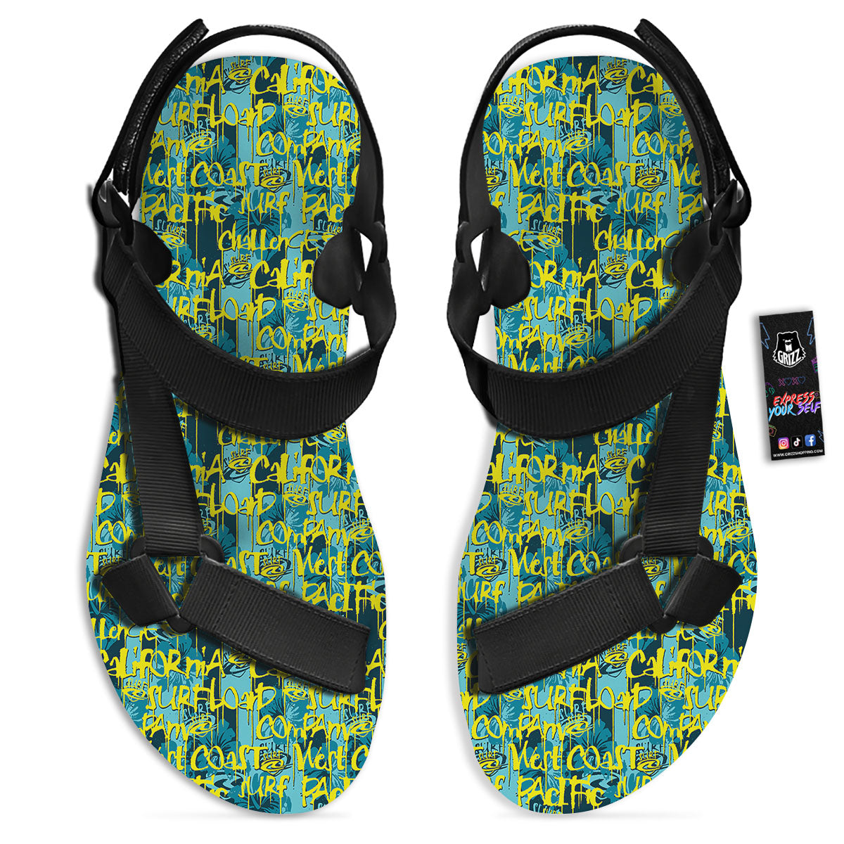 Surfing Graffiti Print Pattern Black Open Toe Sandals-grizzshop