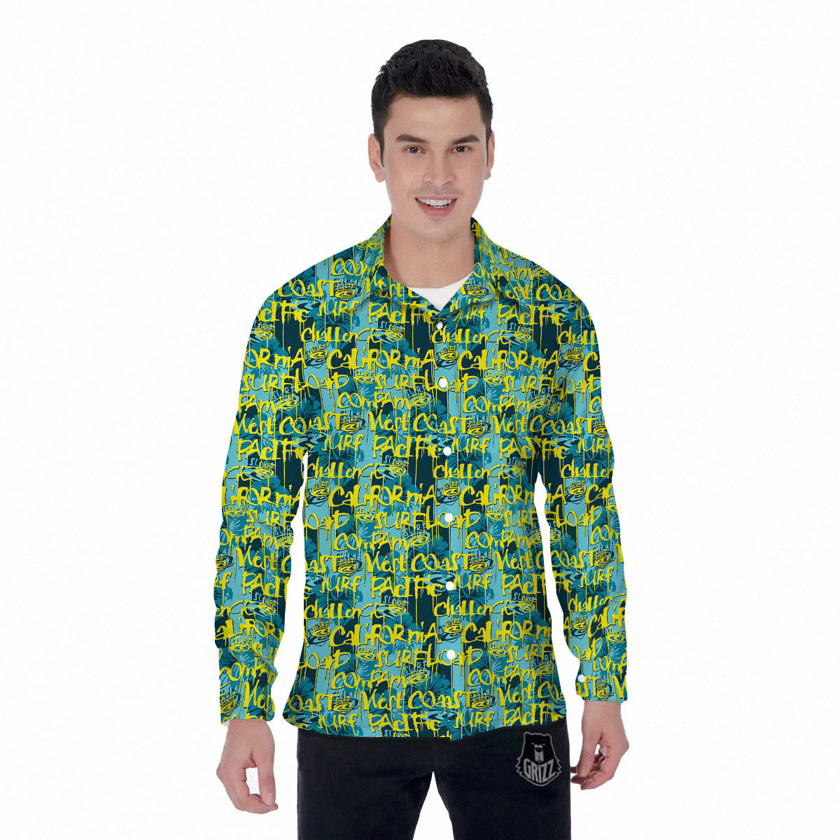 Surfing Graffiti Print Pattern Men's Long Sleeve Shirts-grizzshop