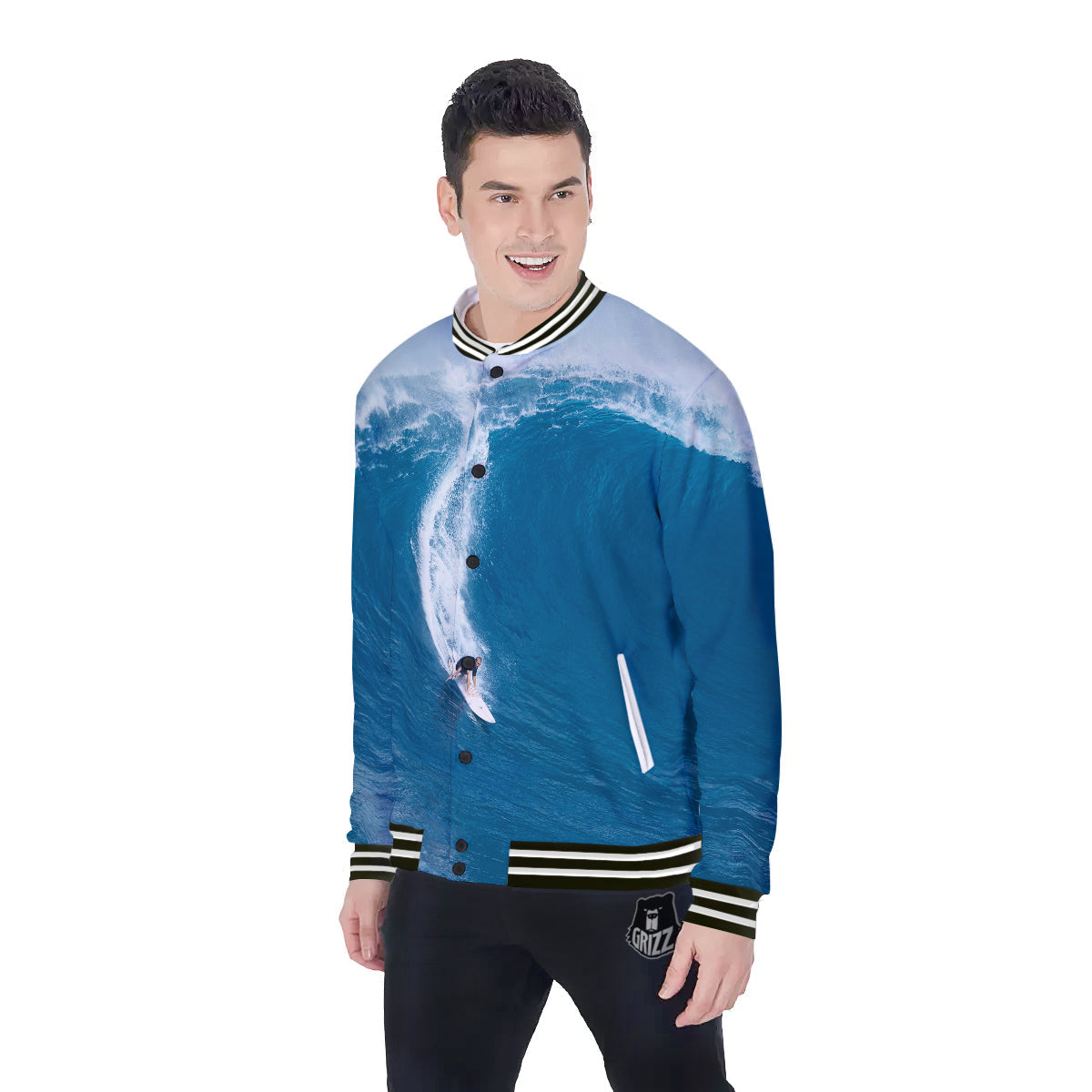 Surfing On Sea Print Baseball Jacket-grizzshop