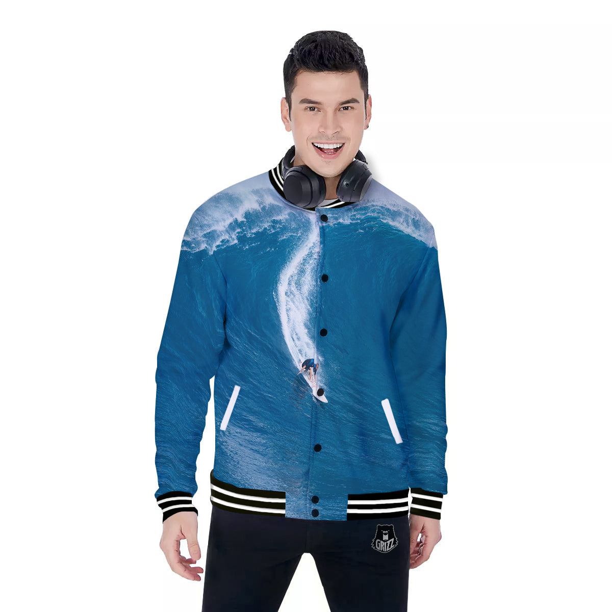 Surfing On Sea Print Baseball Jacket-grizzshop