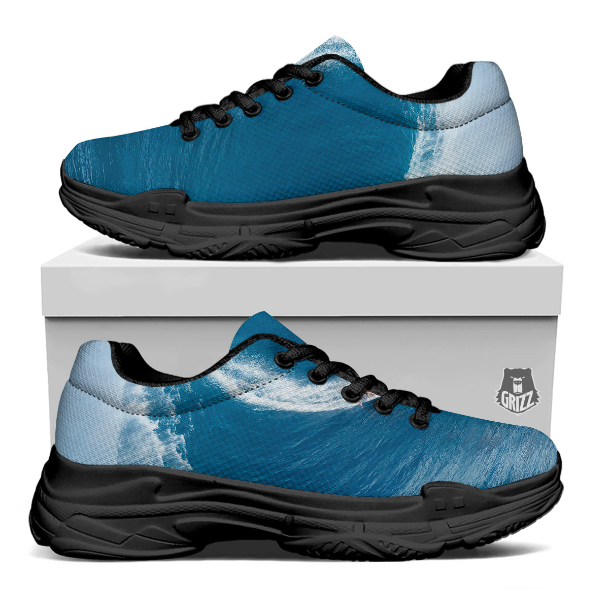 Surfing On Sea Print Black Chunky Shoes-grizzshop