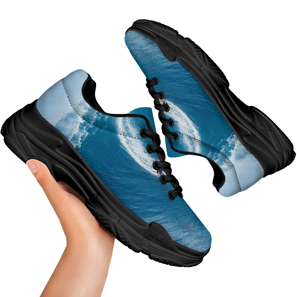 Surfing On Sea Print Black Chunky Shoes-grizzshop