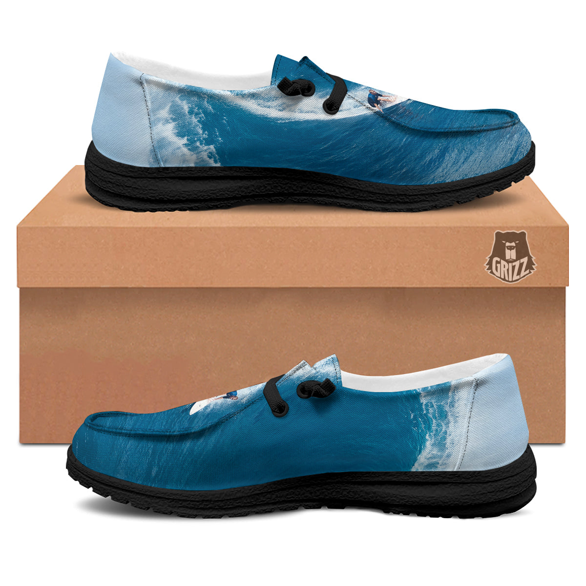 Surfing On Sea Print Black Loafers-grizzshop