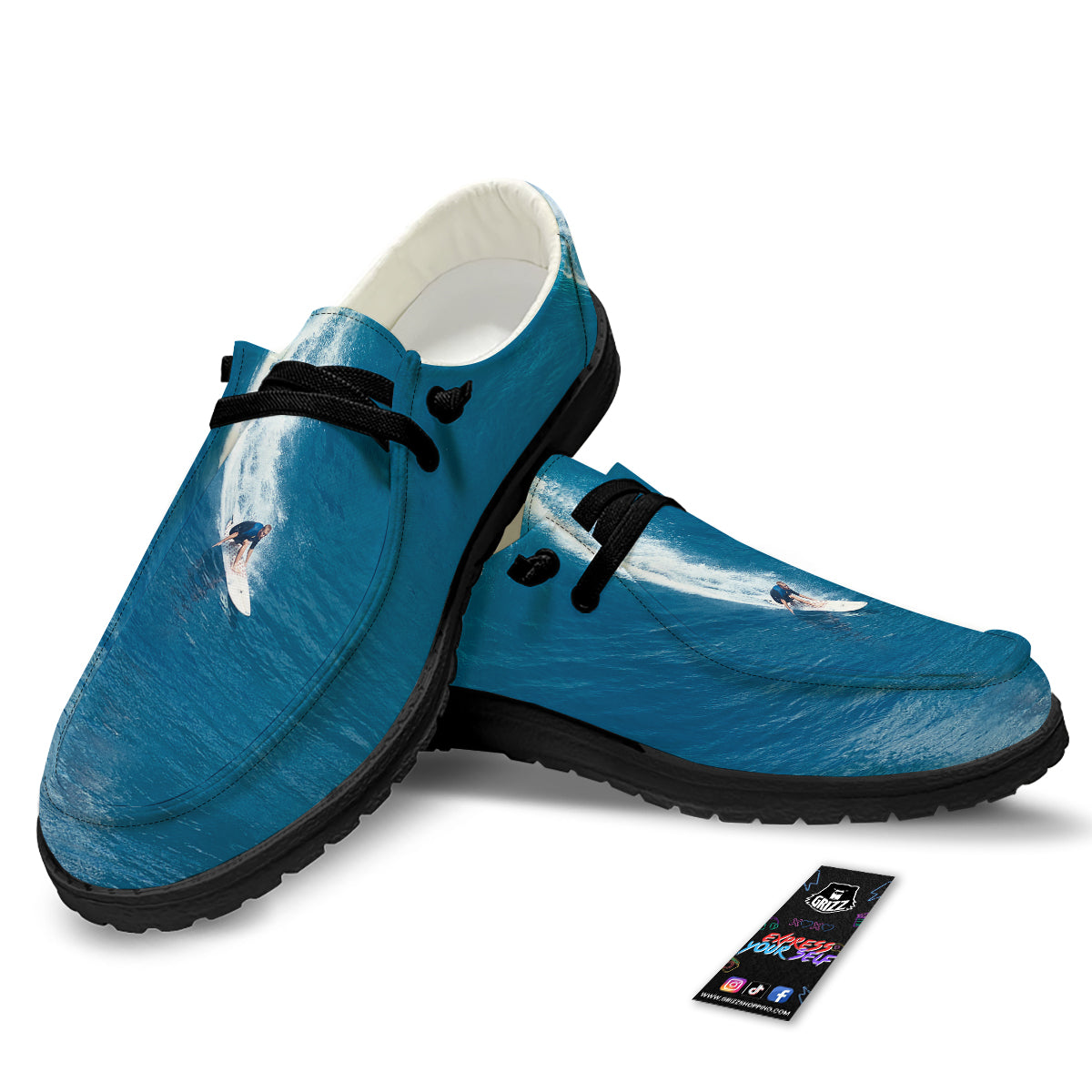 Surfing On Sea Print Black Loafers-grizzshop