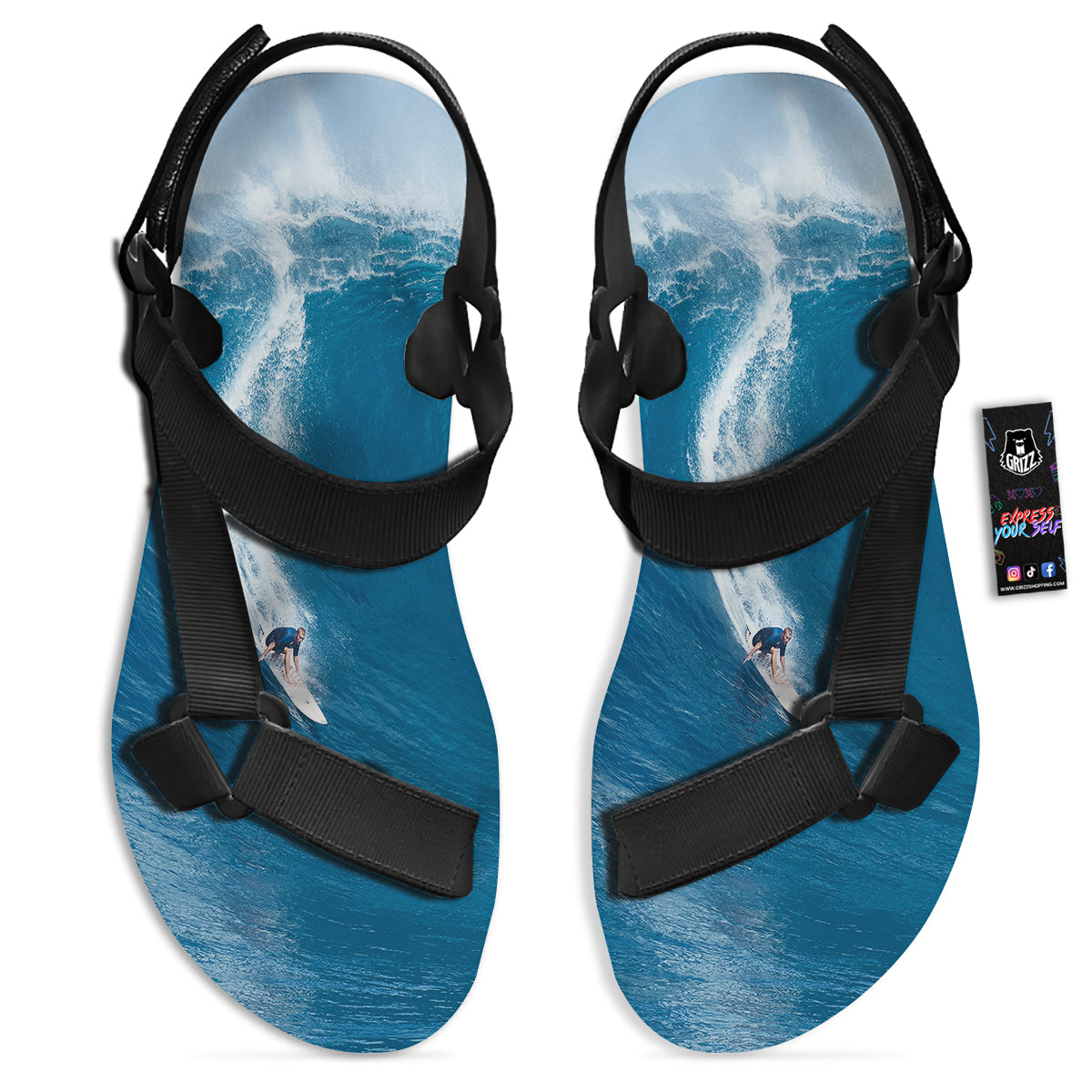 Surfing On Sea Print Black Open Toe Sandals-grizzshop