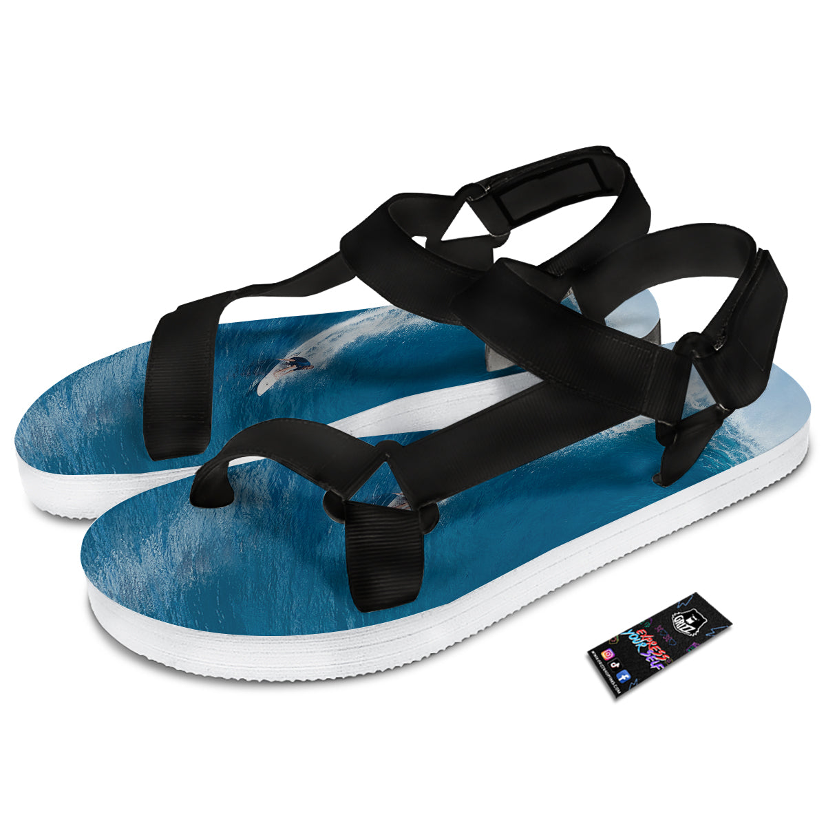 Surfing On Sea Print Black Open Toe Sandals-grizzshop