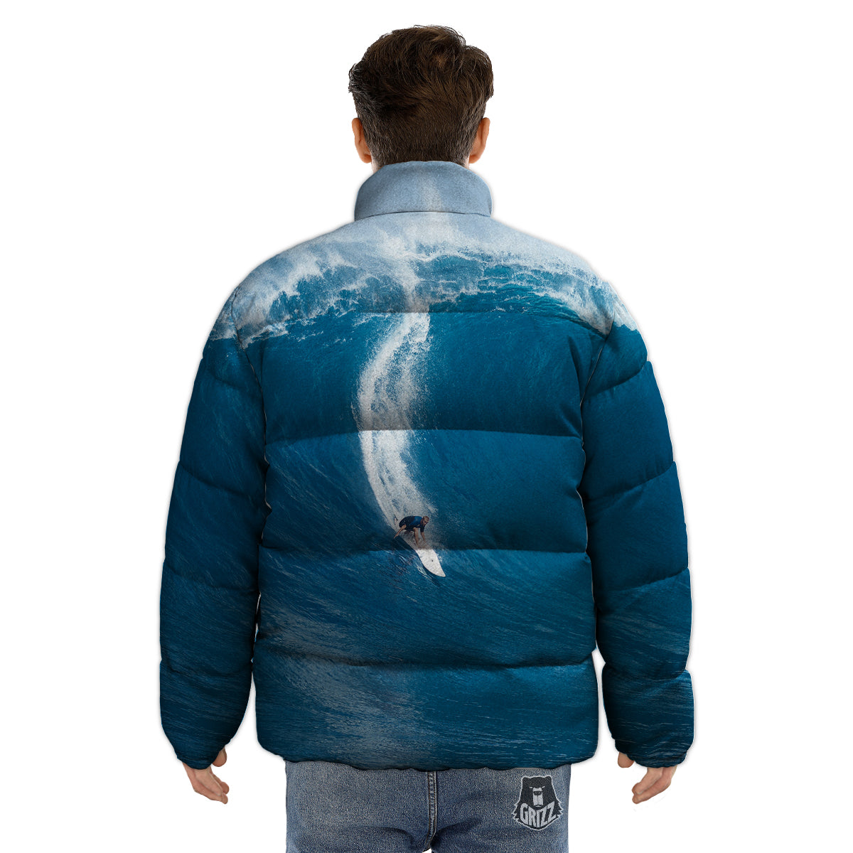 Surfing On Sea Print Puffer Jacket-grizzshop