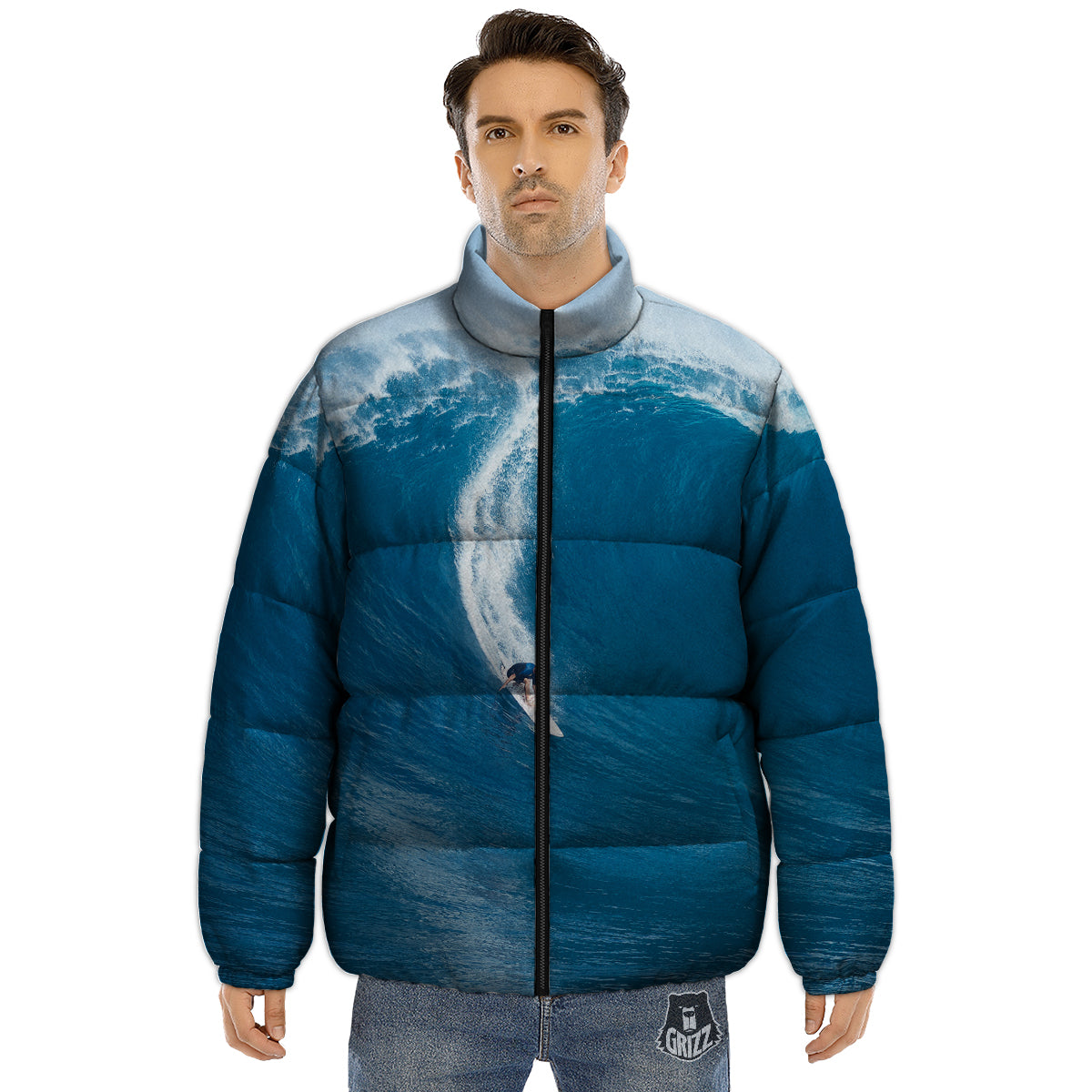 Surfing On Sea Print Puffer Jacket-grizzshop