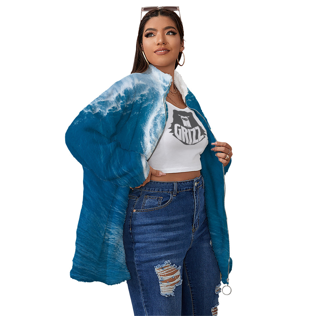 Surfing On Sea Print Women's Sherpa Jacket-grizzshop