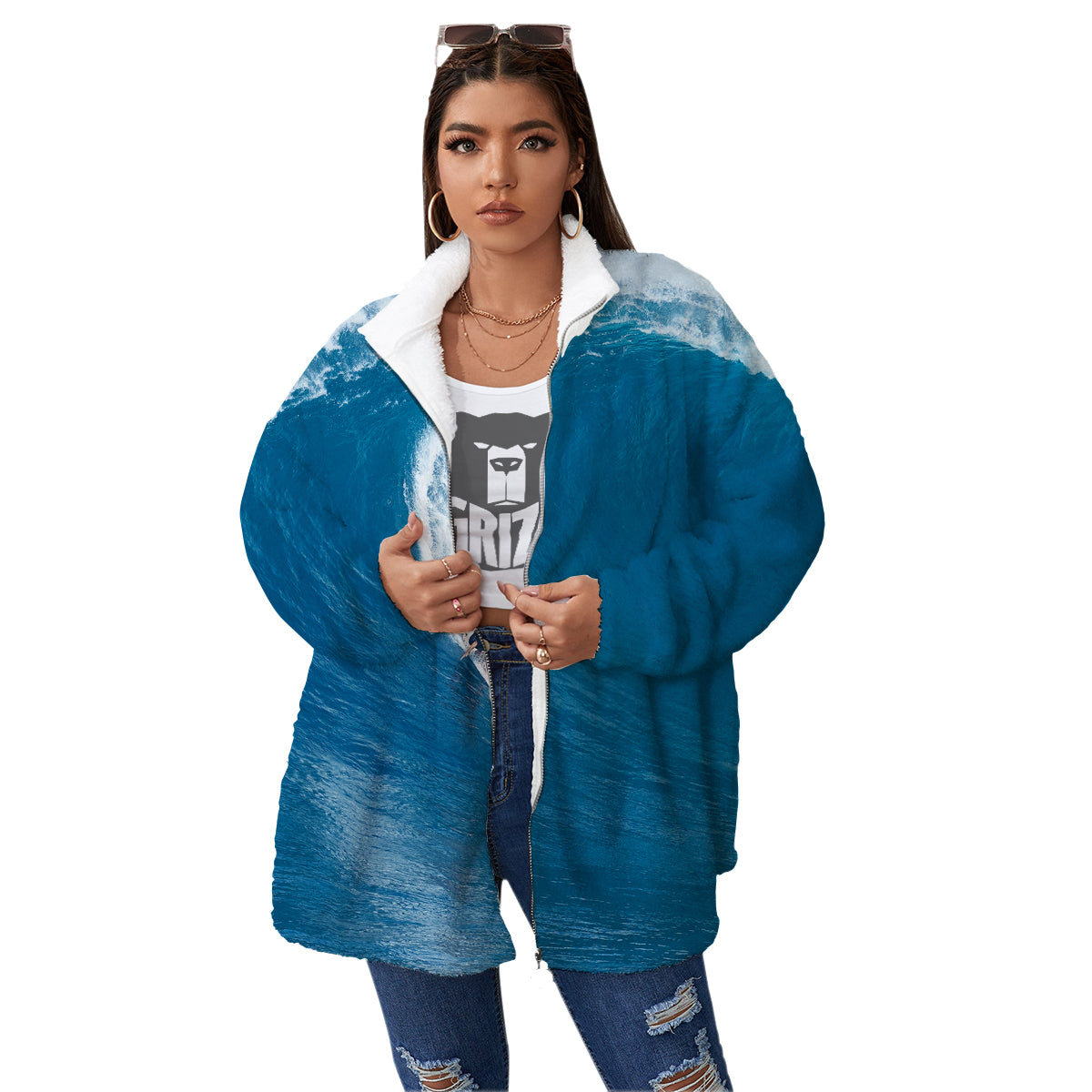 Surfing On Sea Print Women's Sherpa Jacket-grizzshop