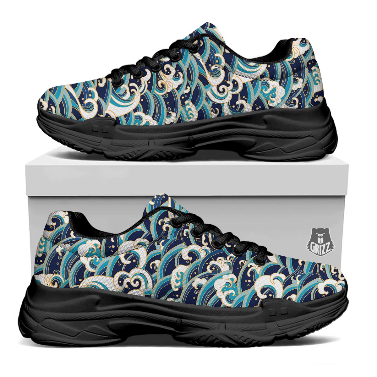 Surfing Sea Wave Print Pattern Black Chunky Shoes-grizzshop