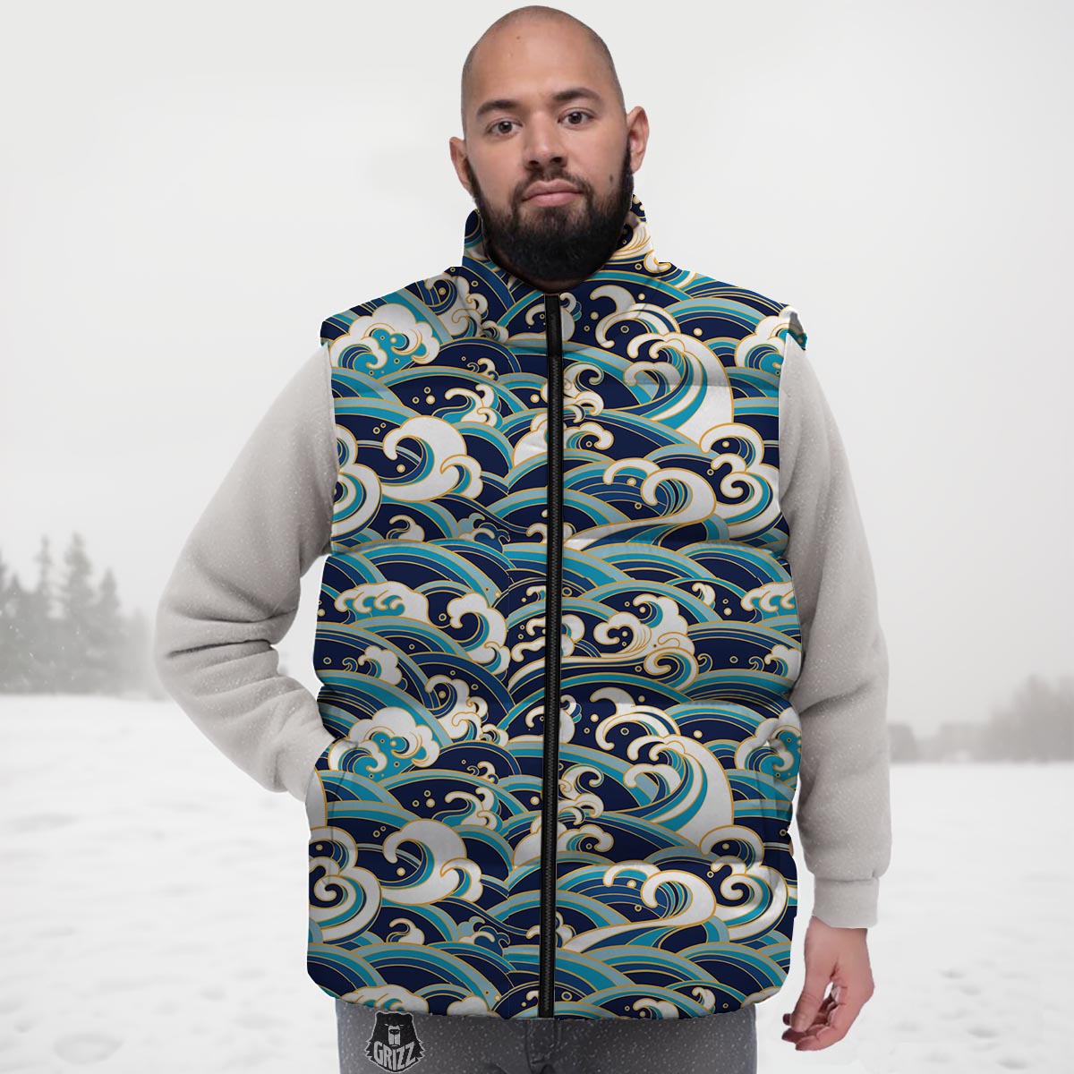 Surfing Sea Wave Print Pattern Down Vest