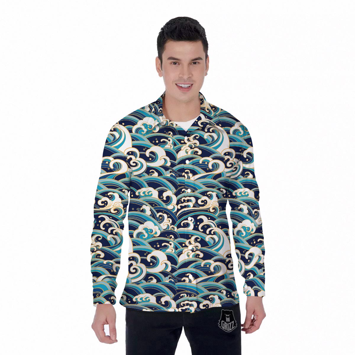 Surfing Sea Wave Print Pattern Men's Long Sleeve Shirts-grizzshop