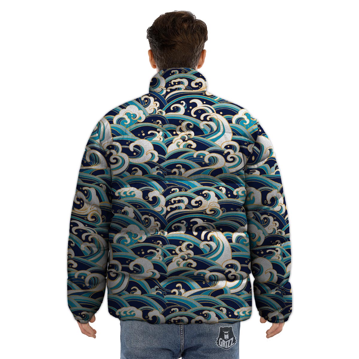 Surfing Sea Wave Print Pattern Puffer Jacket-grizzshop