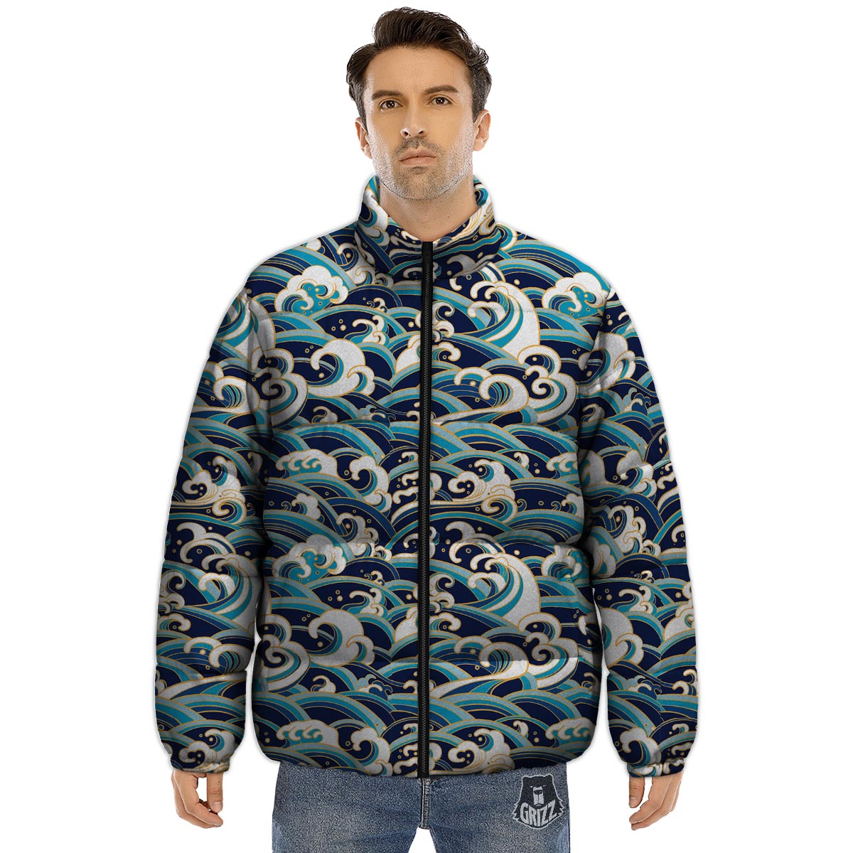 Surfing Sea Wave Print Pattern Puffer Jacket-grizzshop