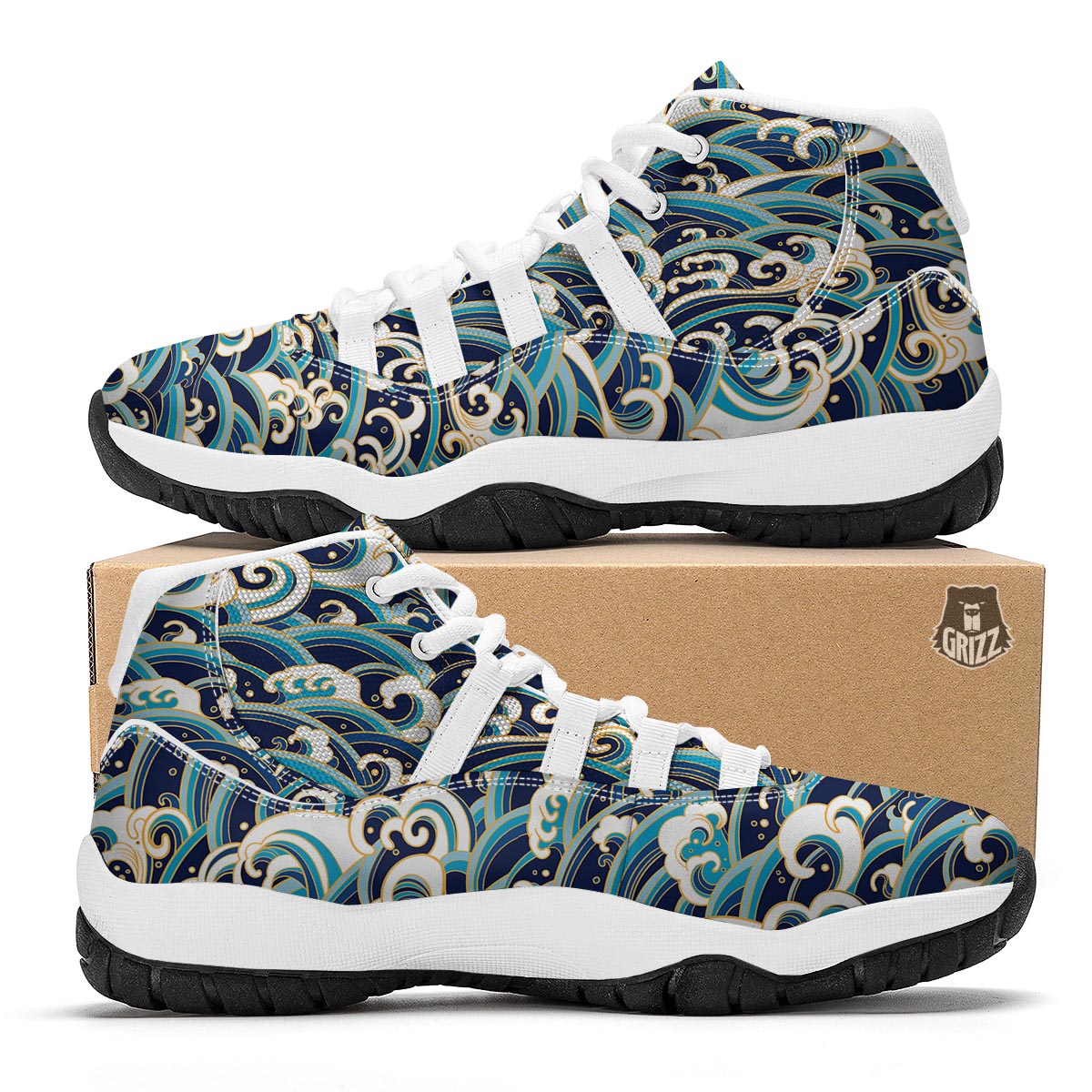Surfing Sea Wave Print Pattern White Bball Shoes-grizzshop