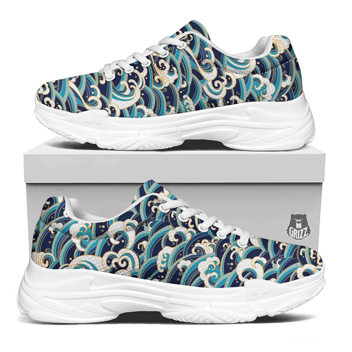 Surfing Sea Wave Print Pattern White Chunky Shoes-grizzshop