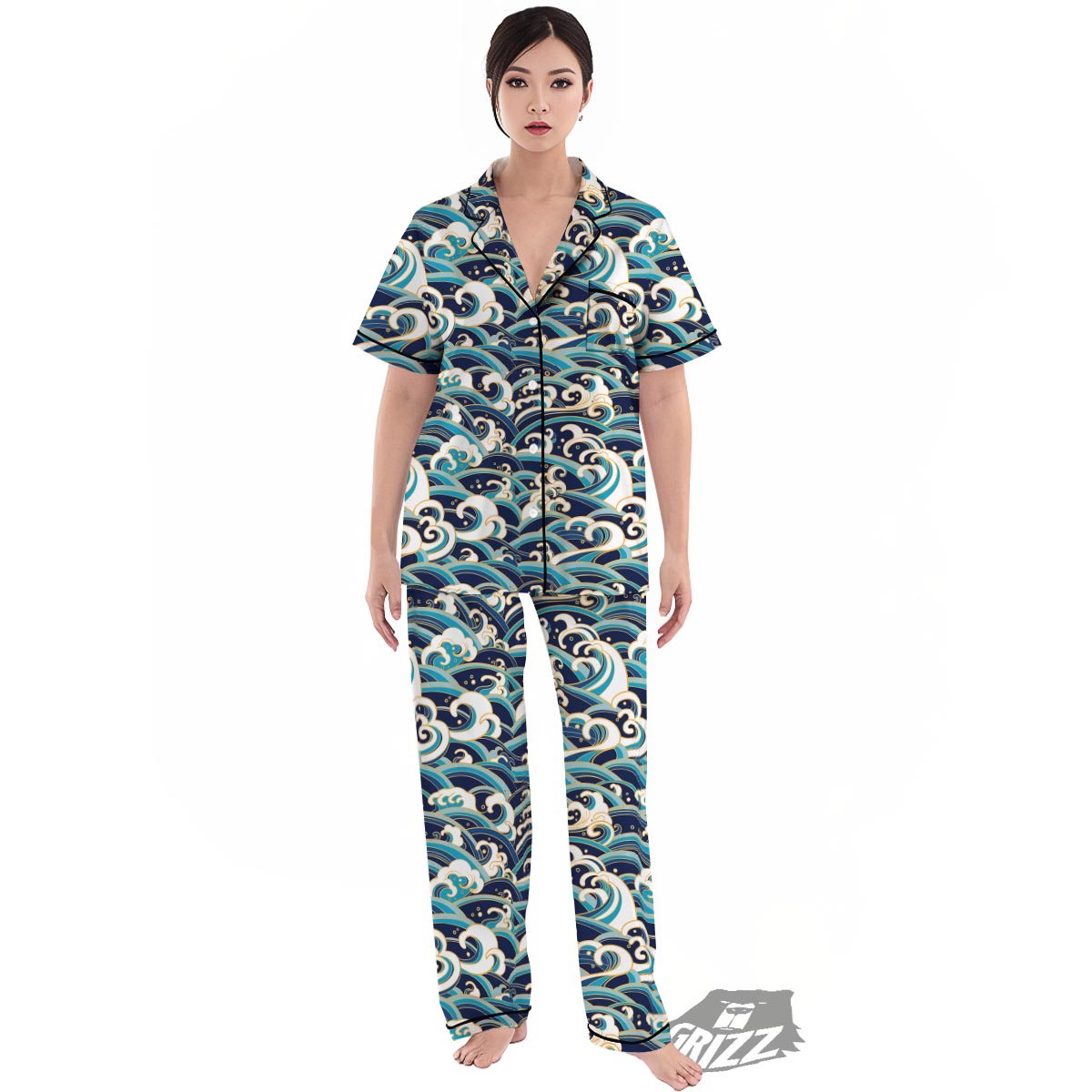Surfing Sea Wave Print Pattern Women's Pajamas Set-grizzshop